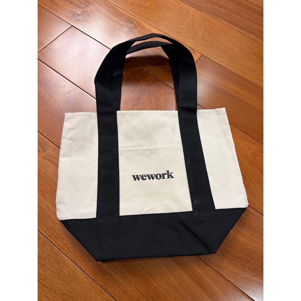 WeWork Canvas Tote Bag Unisex Black Cream Logo Front Pocket Small/Medium